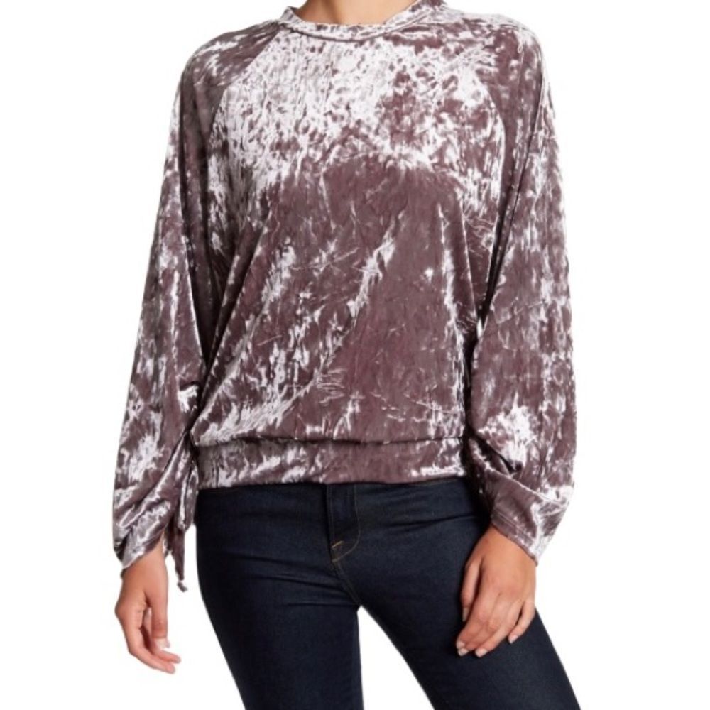 Ro & De Anthropologie Crushed Velvet Sweatshirt Ruched Tie Sleeve Detail